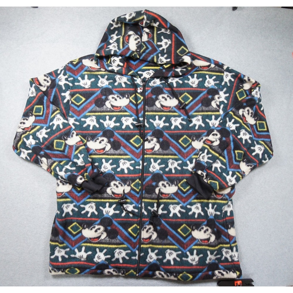Vintage Mickey & Co Jacket Mens XL Fleece Hoodie Full Zip All Over Print AOP